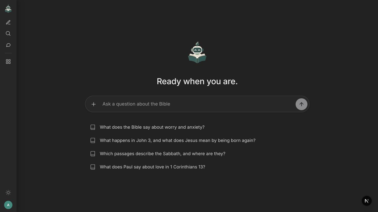The actual Bible chat, with its question composer and suggested questions.
