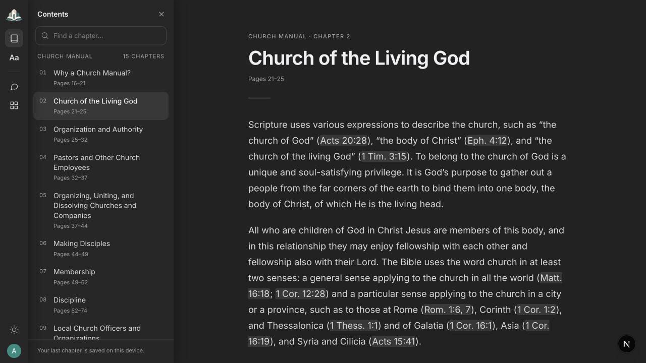 The real Church Manual reader with its chapter contents panel.
