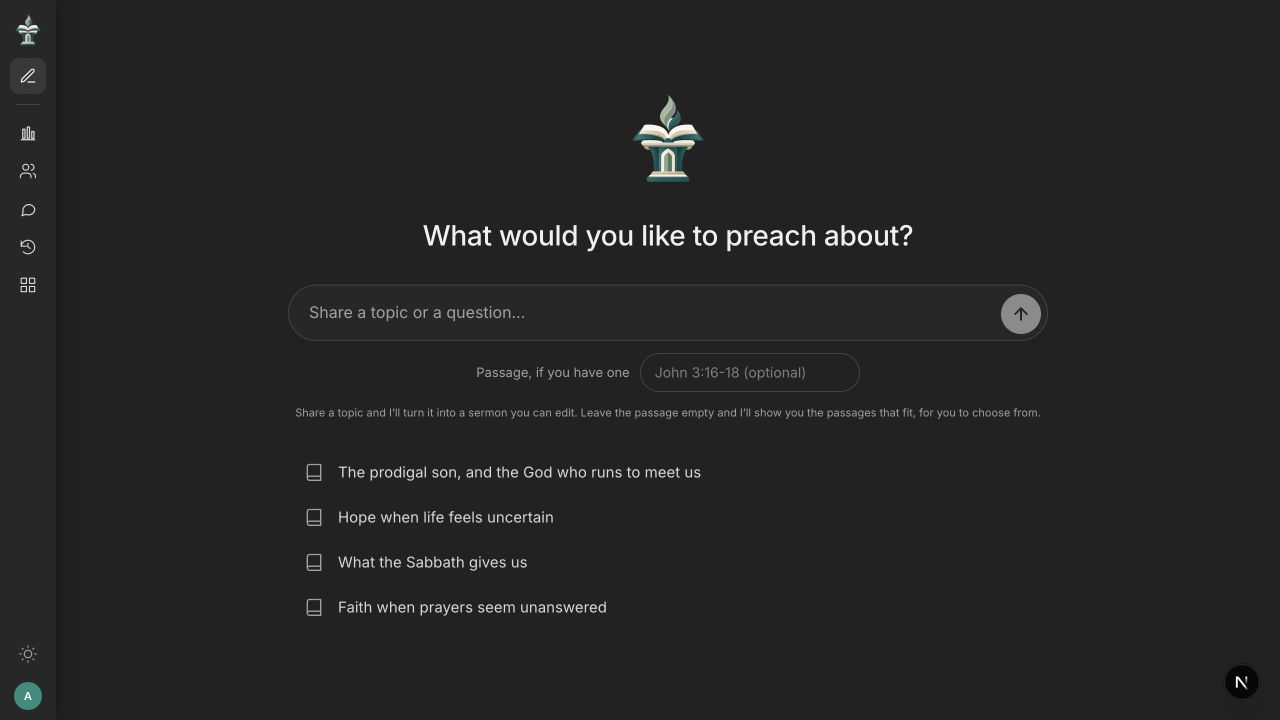 The actual sermon creation screen and its topic suggestions.